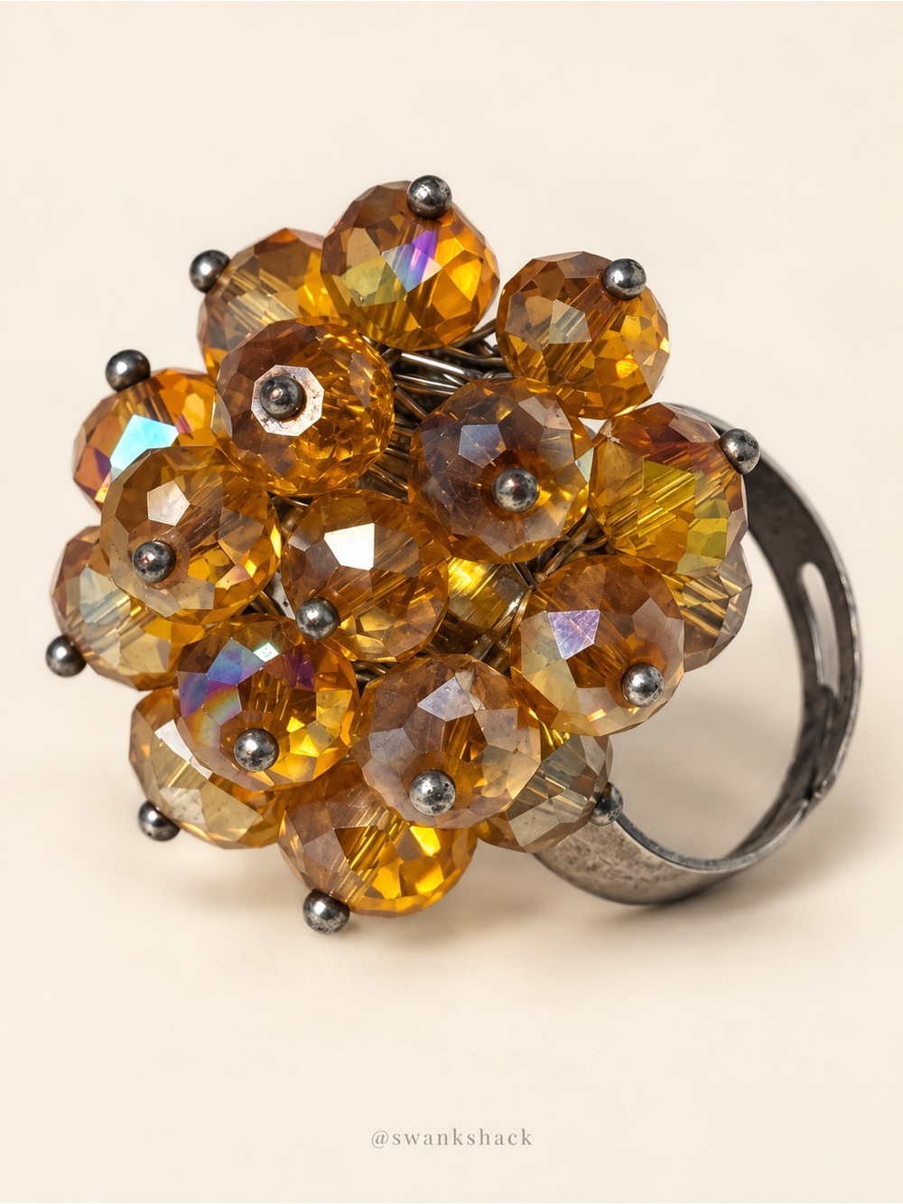 Amber Iridescent Beaded Cluster Statement Ring Adjustable